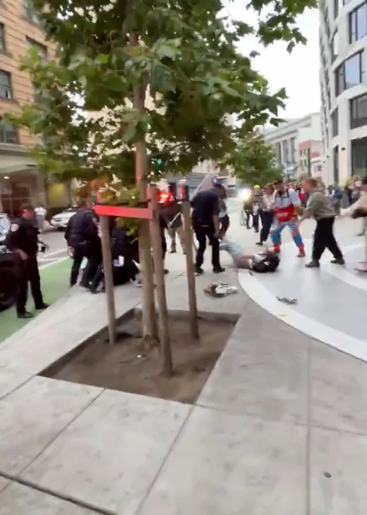 Police officers arresting people during the Trans March.