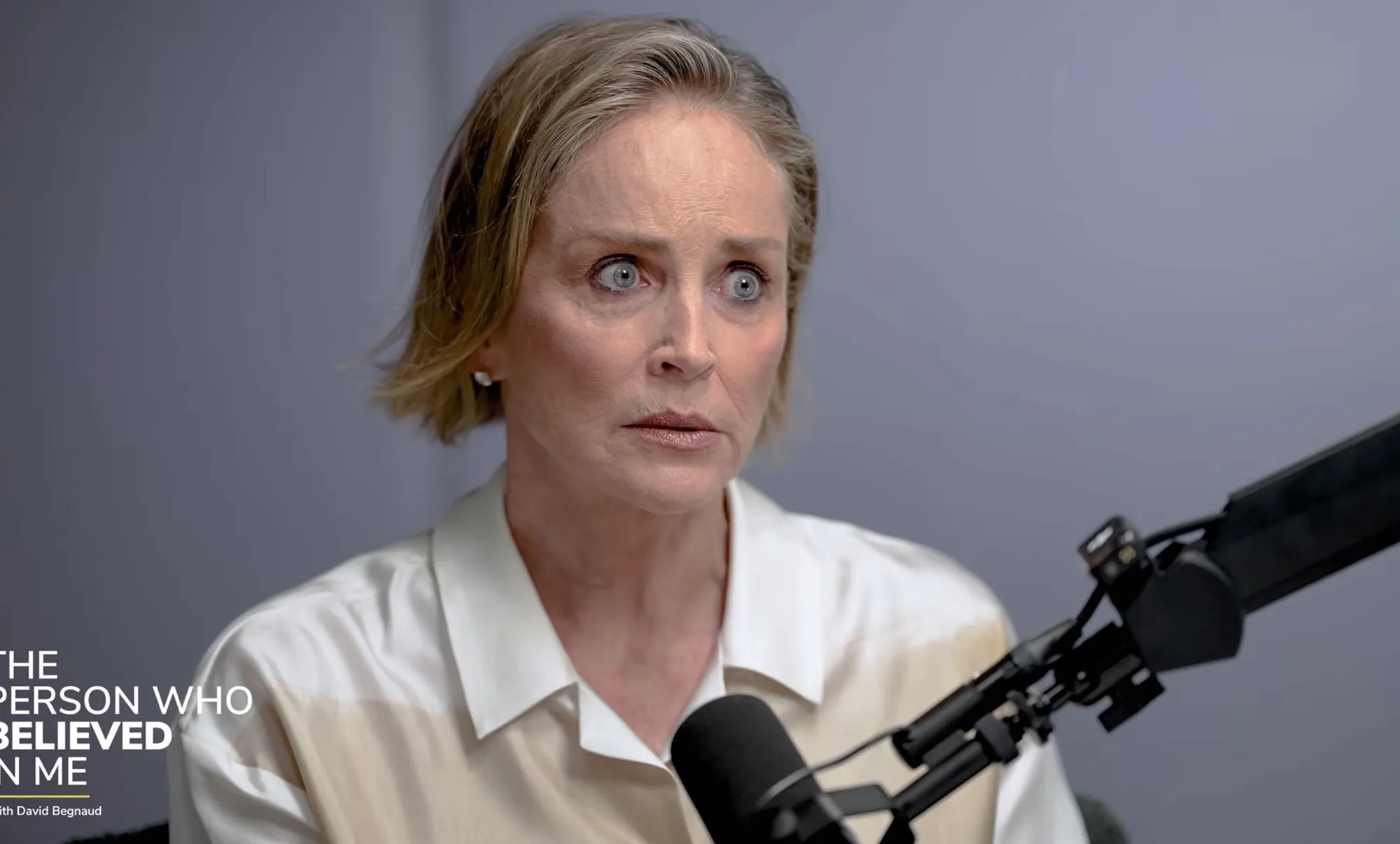 Sharon Stone speaking into a microphone.
