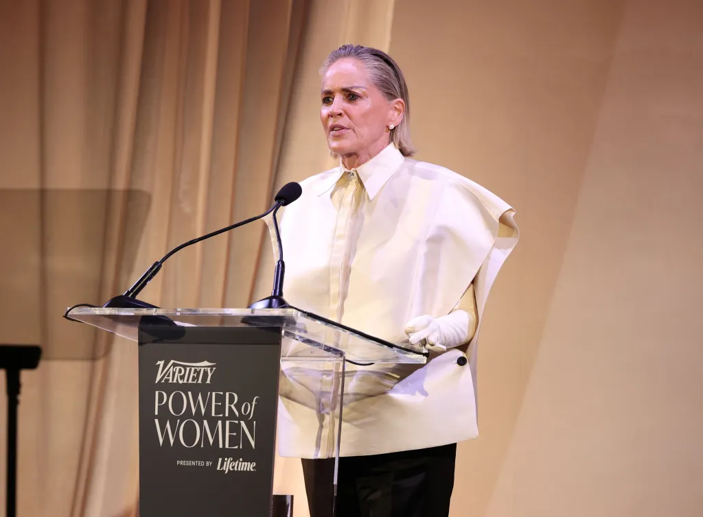 Sharon Stone speaks onstage during Variety Power of Women event.
