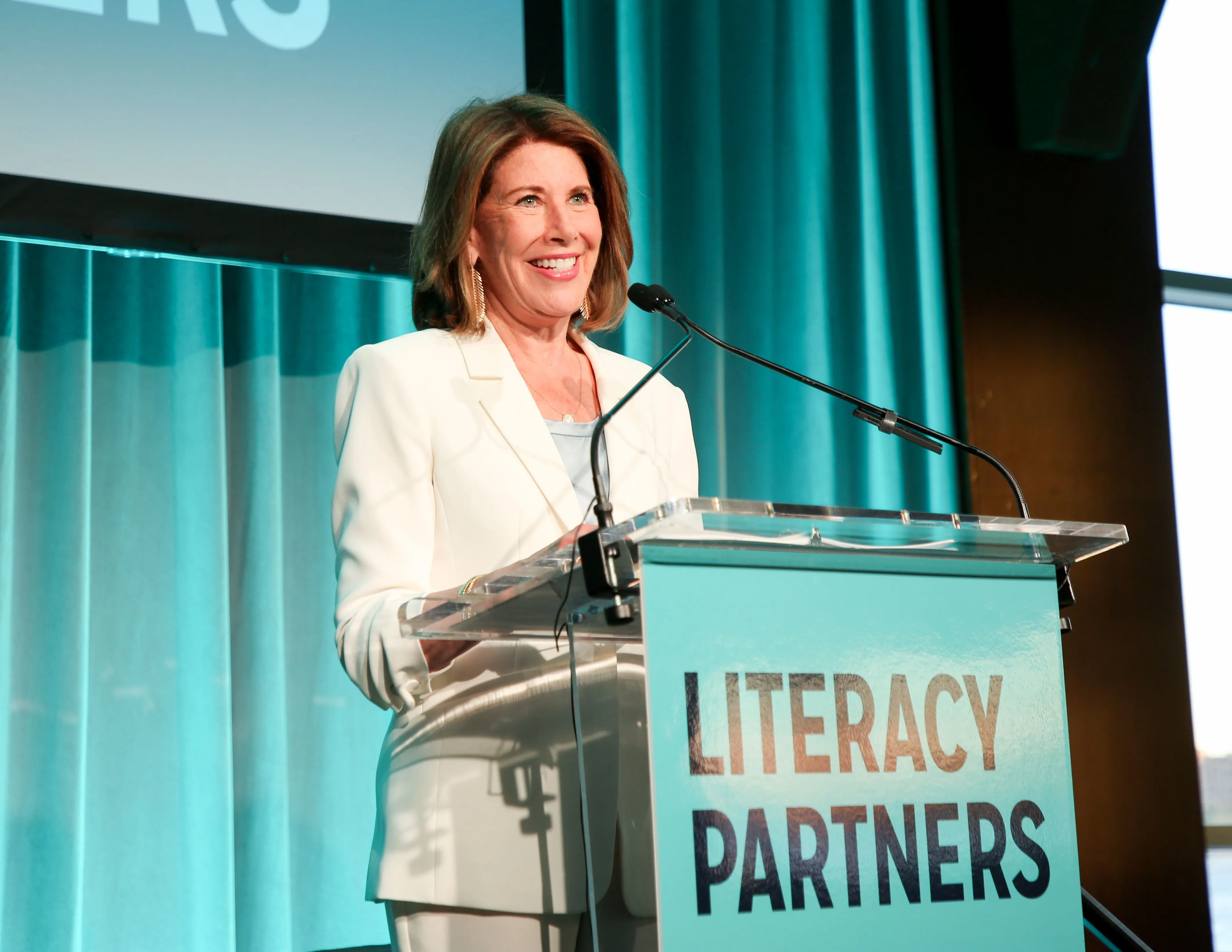 Sherrie Westin speaks at the Literacy Partners 40th Annual Gala at Pier Sixty in NYC on June 8, 2026.