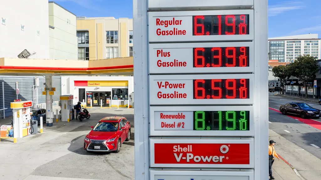 Gas prices are displayed at a Shell station in San Francisco, with regular gasoline at $6.19 per gallon and renewable diesel at $8.19.