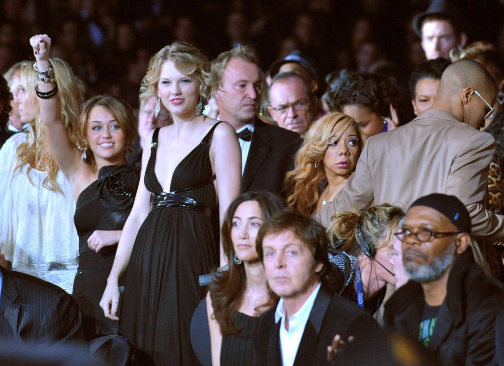 Miley Cyrus, Taylor Swift, Paul McCartney, and Samuel L. Jackson at the 51st Annual GRAMMY Awards.