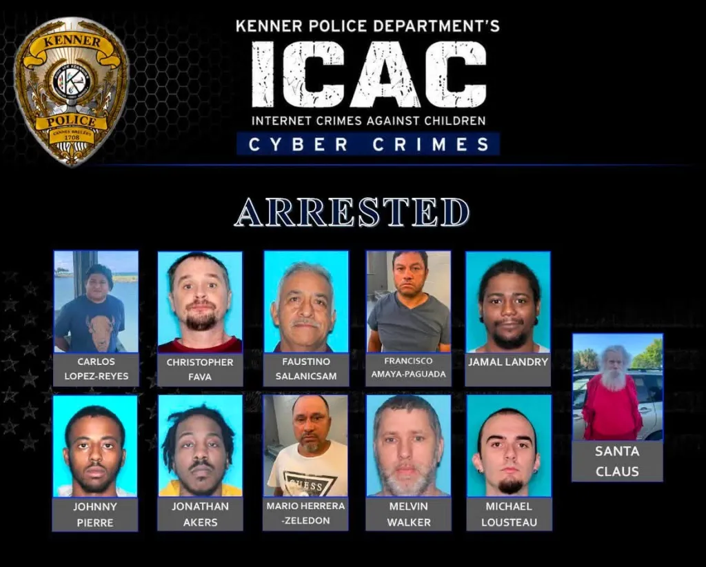 Collage of ten mugshots of men, with an eleventh image of a man dressed as Santa Claus, under the title 