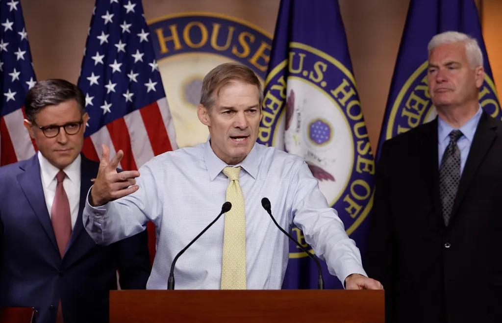 Jim Jordan (R-LA) (L) and Rep. Tom Emmer (R-MN) at a press conference following a House Republican conference meeting at the US Capitol on June 12, 2024 in Washington, DC.