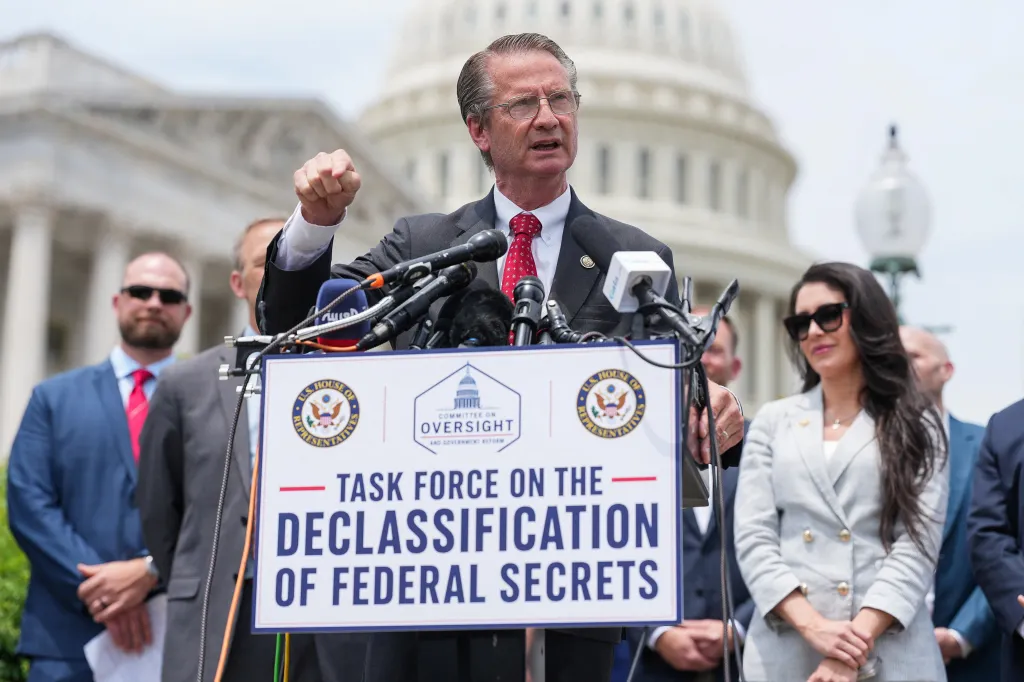 US Representative Tim Burchett (R-TN) speaks during a news conference on the declassification of federal secrets related to unidentified aerial phenomena on Capitol Hill in Washington, DC, on June 9, 2026