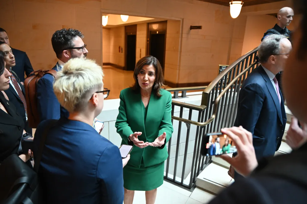 Governor Kathy Hochul speaking to reporters after a US House Committee on Oversight and Government Reform hearing.