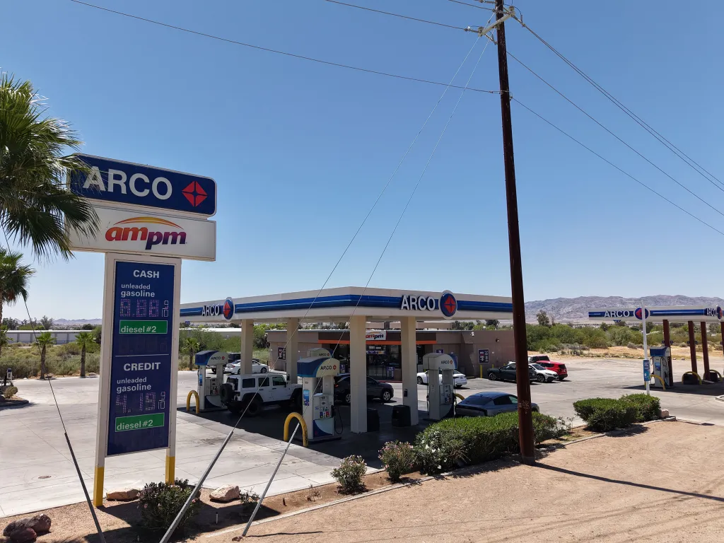 ARCO gas station in Mohave Valley, AZ, displaying cash prices of $3.88 for unleaded and $4.19 for credit.