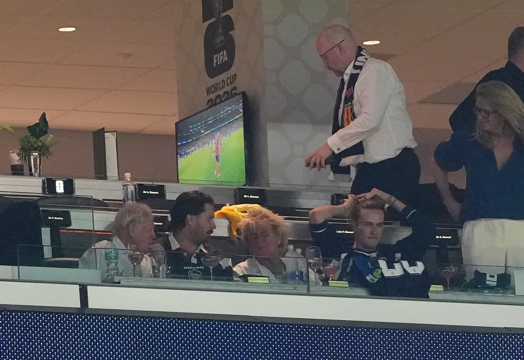 Sir Rod Stewart (center) and other attendees in the stands during the FIFA World Cup Group C match.