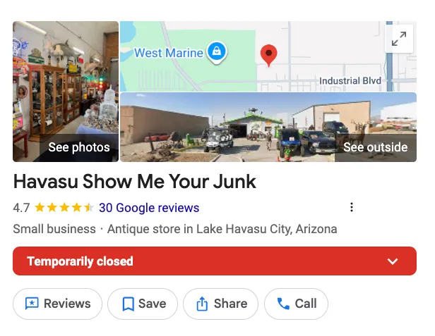 Google business listing for Havasu Show Me Your Junk, showing it is