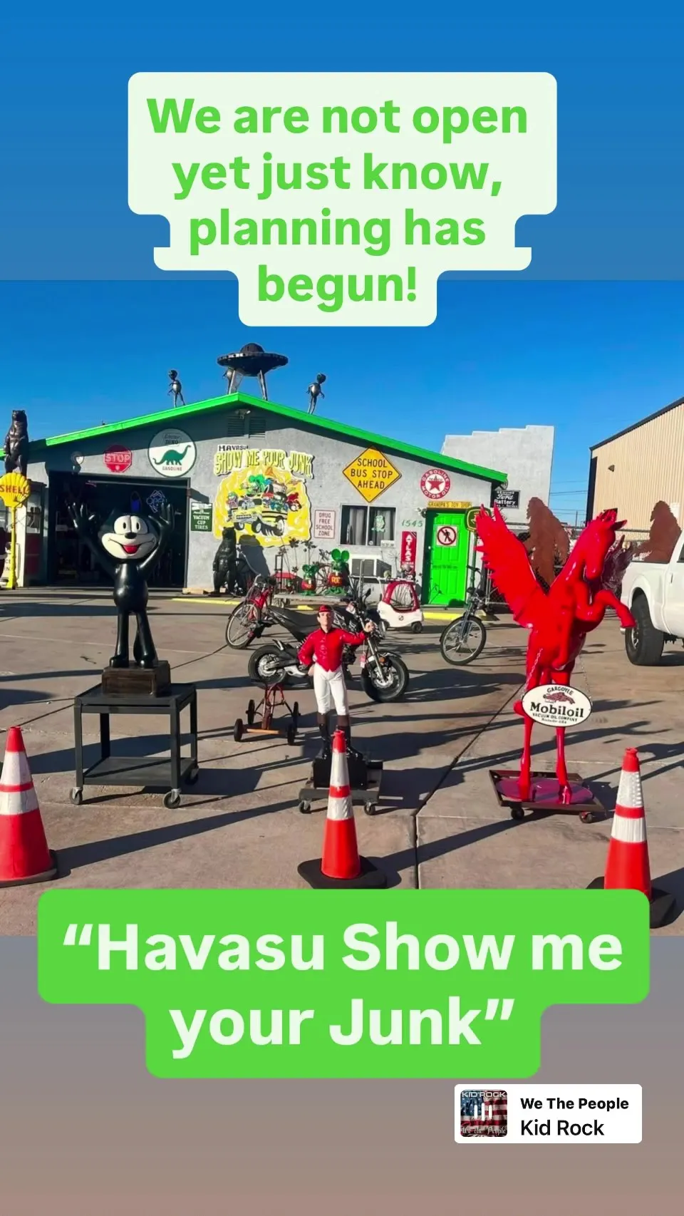 An eclectic storefront with various statues and signs, with text overlay