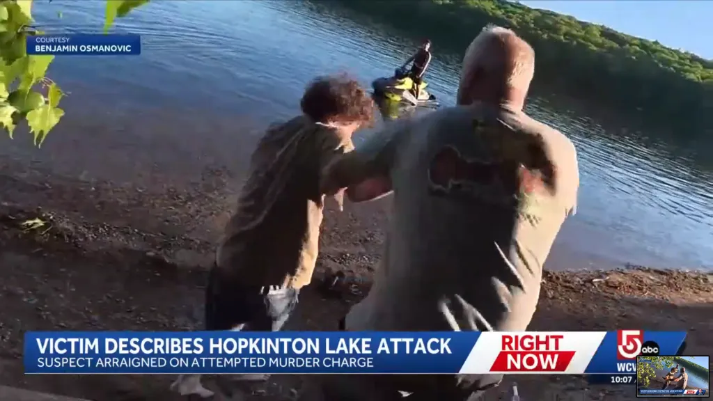 Dana slapped Duffy across the face before the two grappled each other and fell into the lake, as one of Duffy's friends drove off with the jet ski.