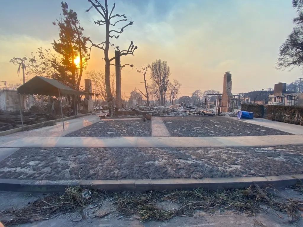 A street with burnt debris and the remnants of houses after a fire, with the sun low in the sky.