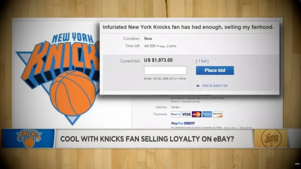 Screenshot of an eBay listing with a New York Knicks logo, showing a bid of $1,973.00 for