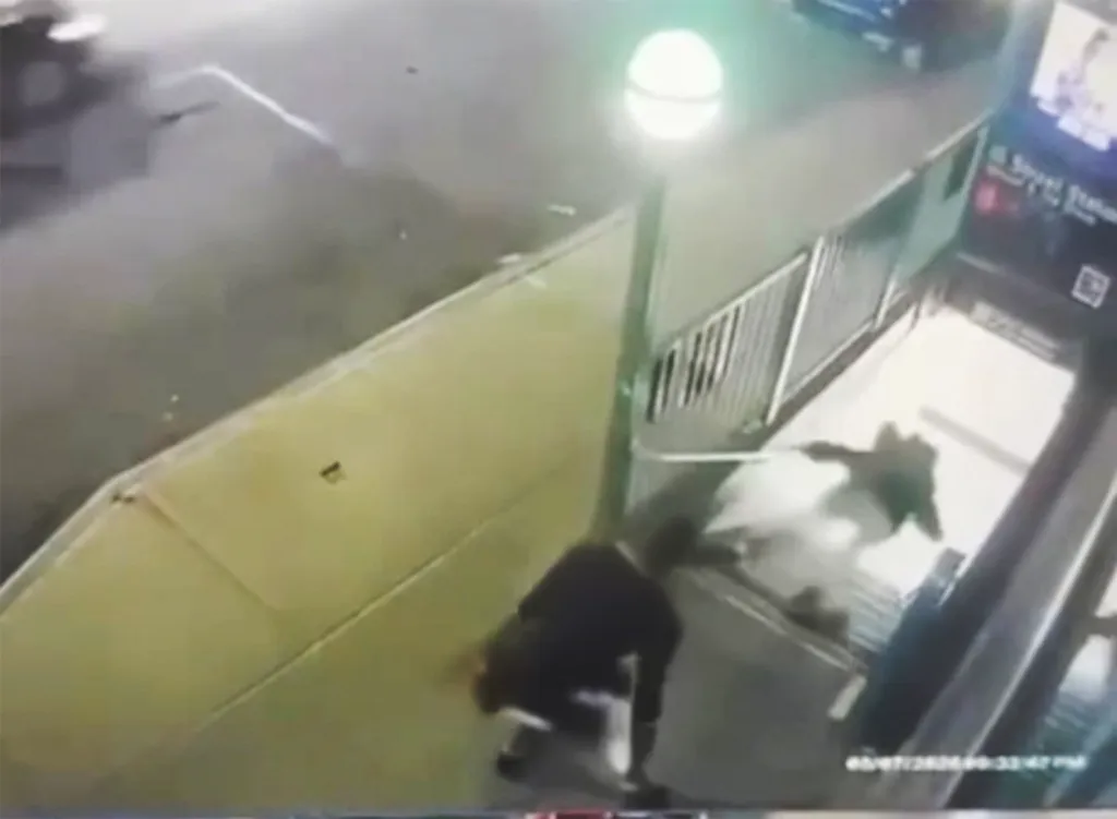 Surveillance video obtained by the Post shows Rhamell Burke allegedly pushing Ross Falzone down the subway stairs.