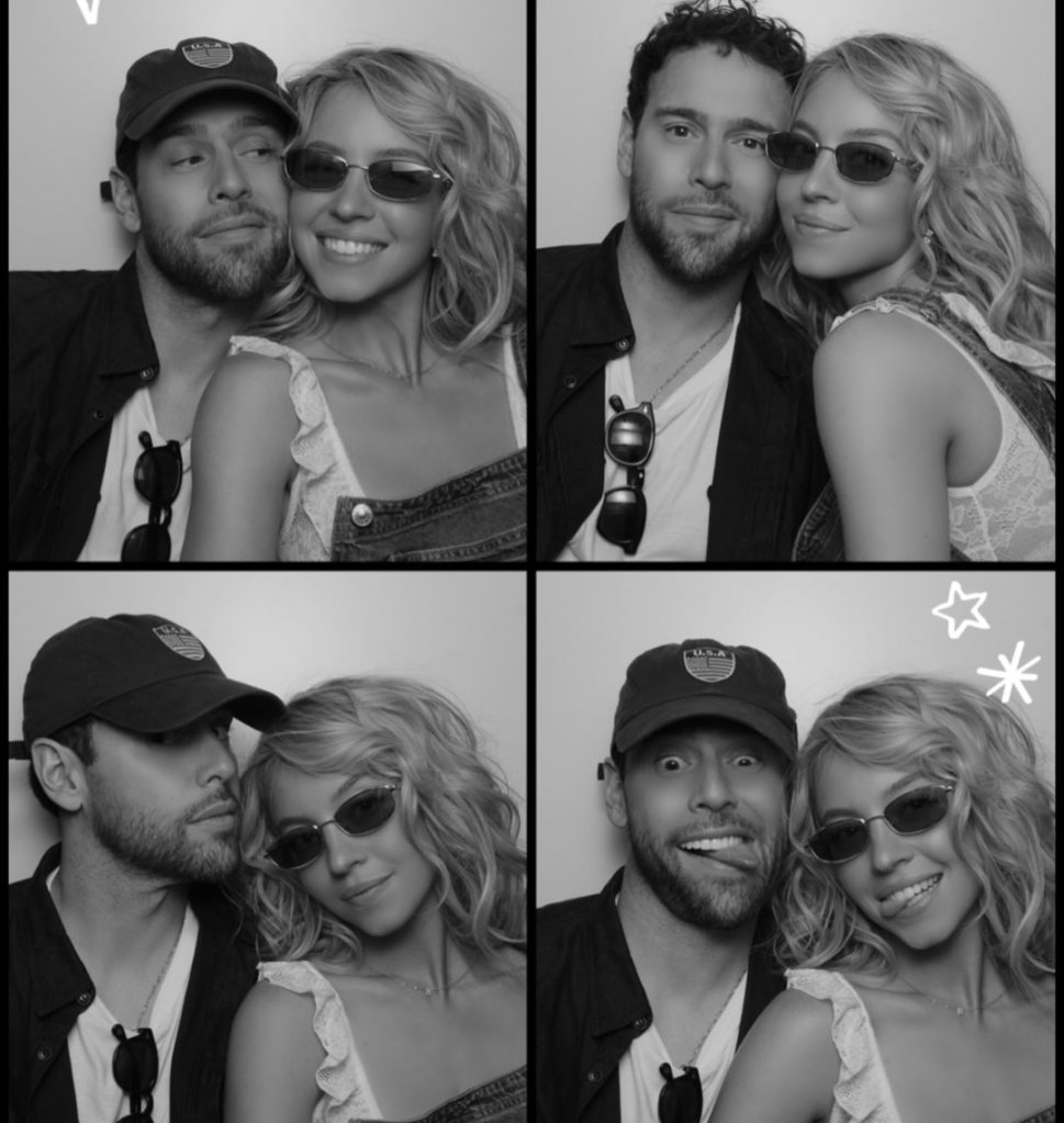 Collage of black and white photo booth pictures of Sydney Sweeney with a male companion.