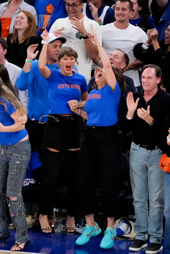 Taylor Swift and Mariska Hargitay cheer during Game 4 of the NBA Finals.