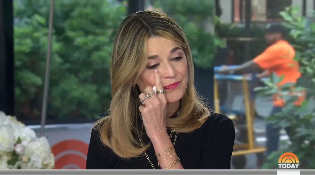 Savannah Guthrie wiping away tears on the Today show as she addresses her mother's disappearance.