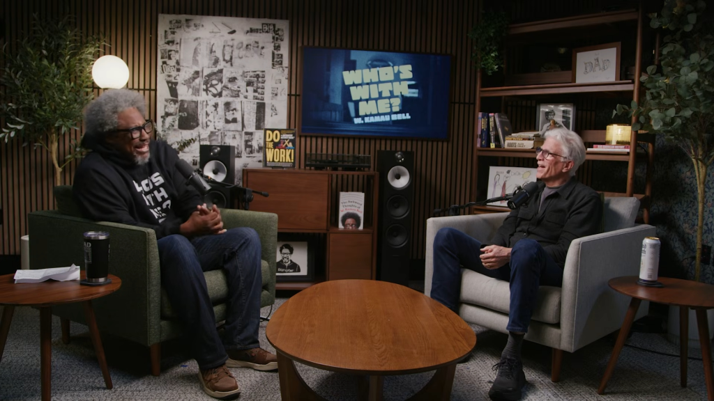 Kamau Bell and Ted Danson in an interview discussing the blackface stunt.