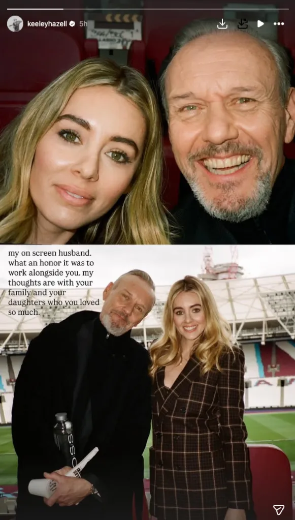 Collage of two images, both featuring Keeley Hazell with Anthony Head, and a heartfelt message about her 
