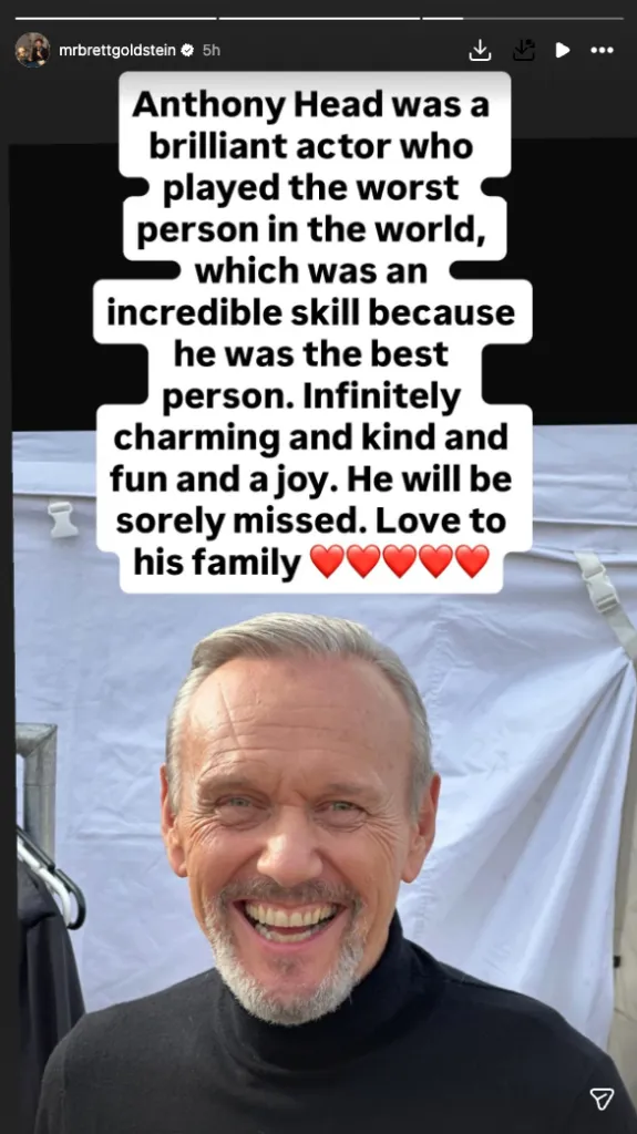 Instagram post featuring a smiling Anthony Head with text mourning his death and praising him as a brilliant actor.