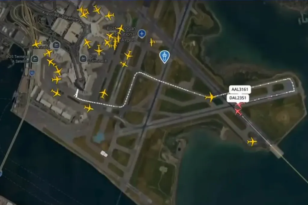 Illustration of Boston Logan Airport showing multiple planes, two of which are highlighted in red and labeled AAL3161 and DAL2351, indicating a near-miss.