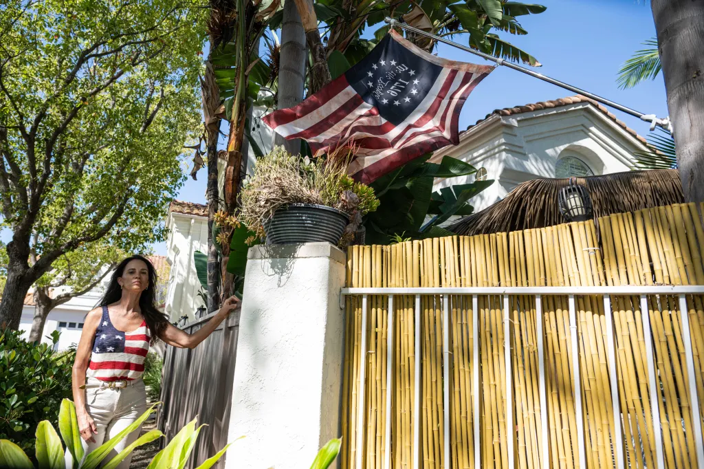 Terri Collins displays a Betsy Ross American flag in her backyard in San Marcos, CA.