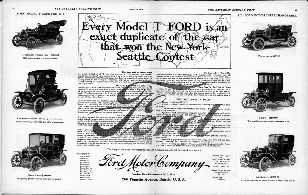 Collage of 6 Ford Model T cars with text advertising the company's triumph in the New York-Seattle Contest.