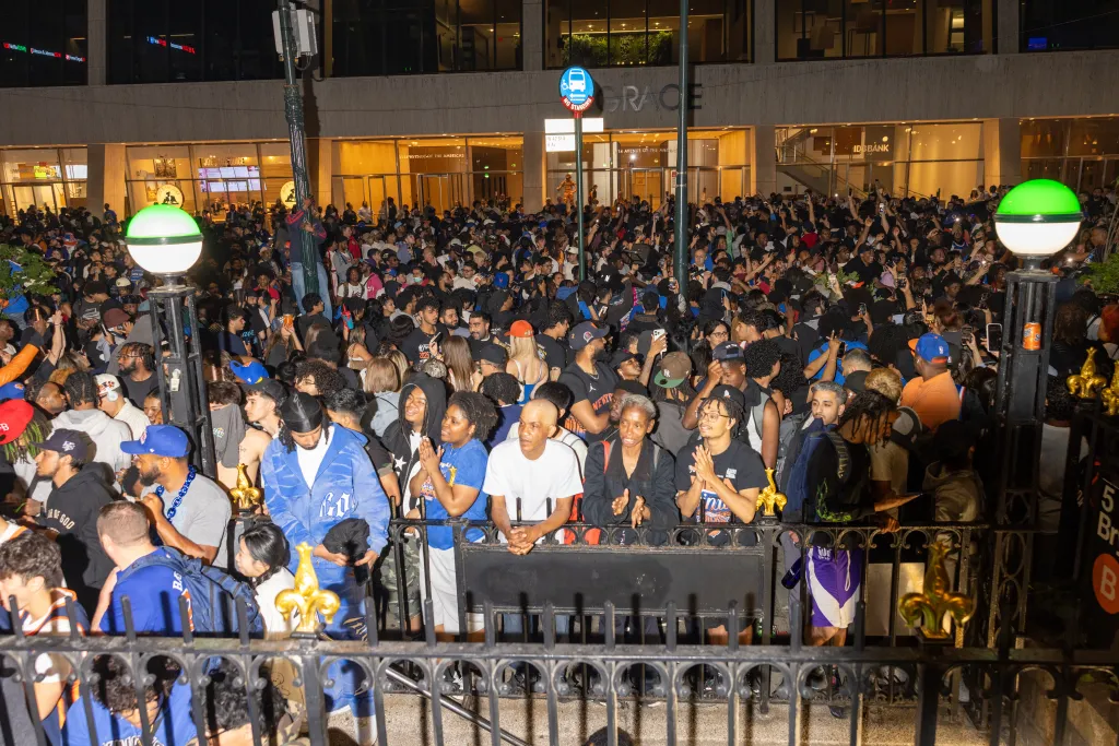 Thousands sworn 42nd St. between fifth Avenue and sixth Avenue during the Knicks game three appearance at Madison Square Garden.