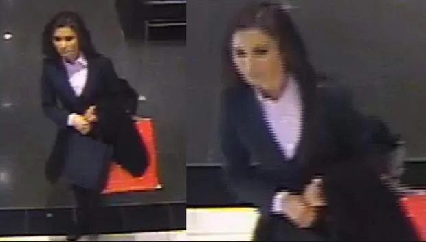 Surveillance images of Rohinie Bisesar, a woman with long dark hair, wearing a dark suit jacket over a light shirt, carrying a dark coat and a red bag.