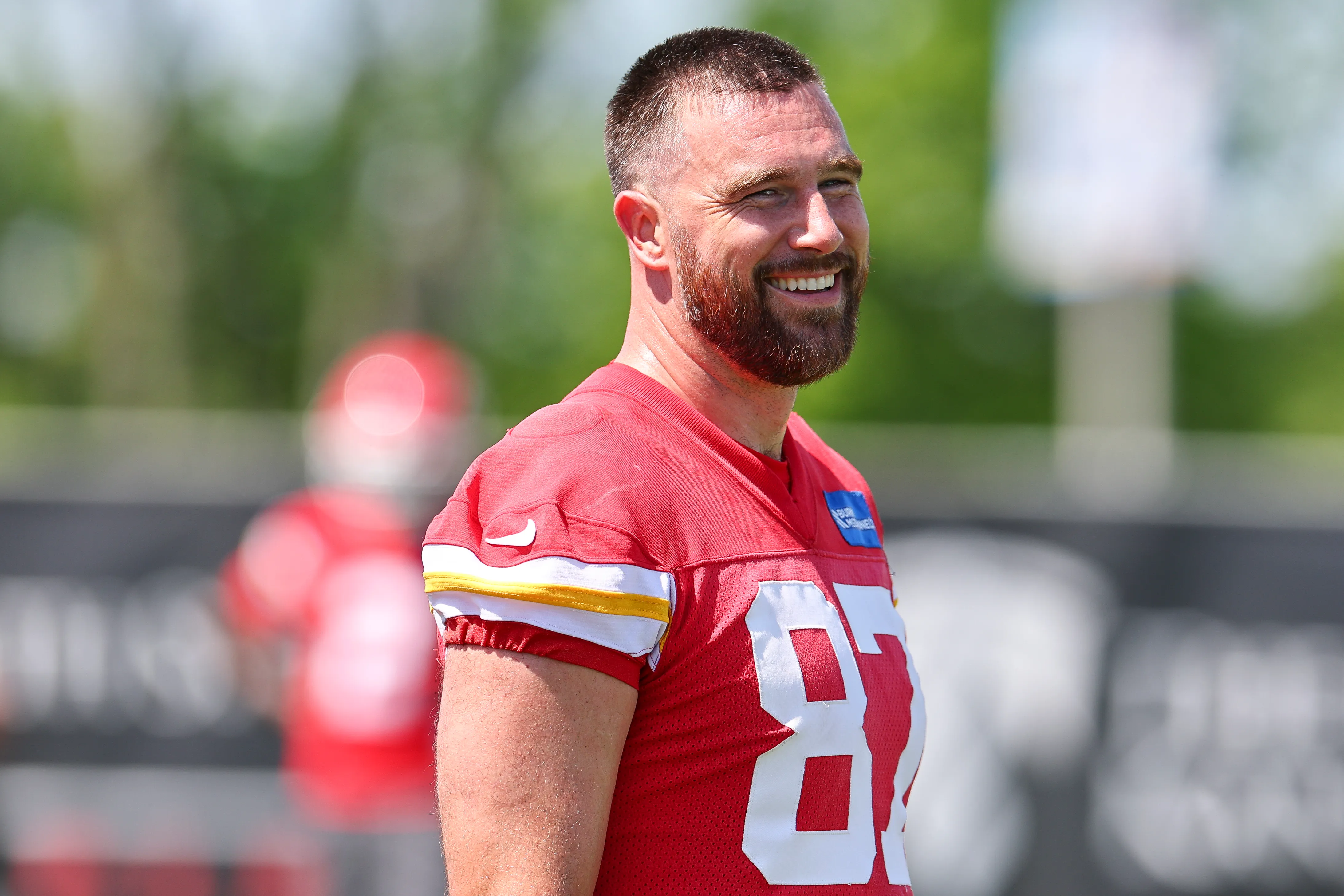 Travis Kelce #87 of the Kansas City Chiefs smiles during minicamp.