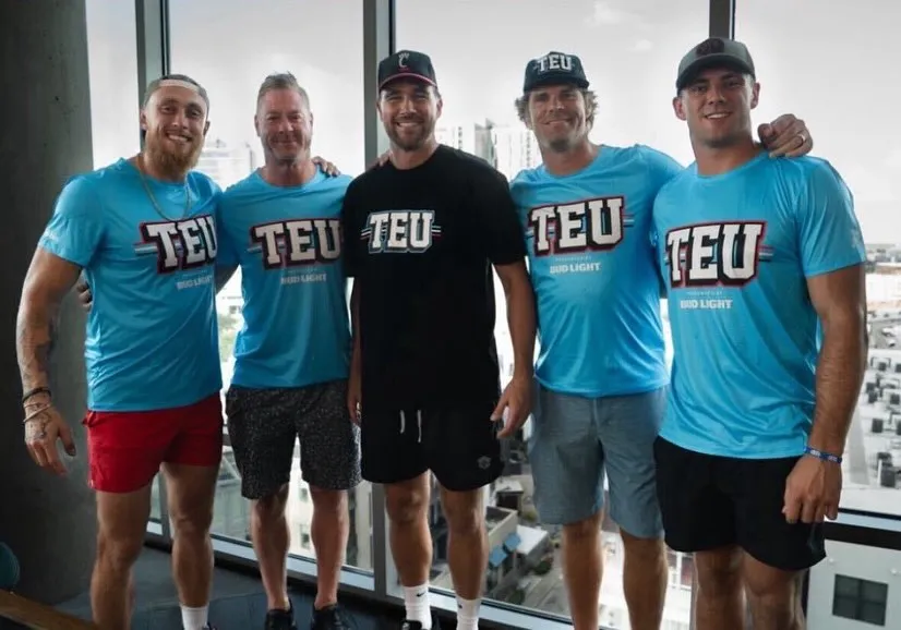 George Kittle, Jeremy Shockey, Travis Kelce, Greg Olsen, and Brock Bowers at a Tight End University event.