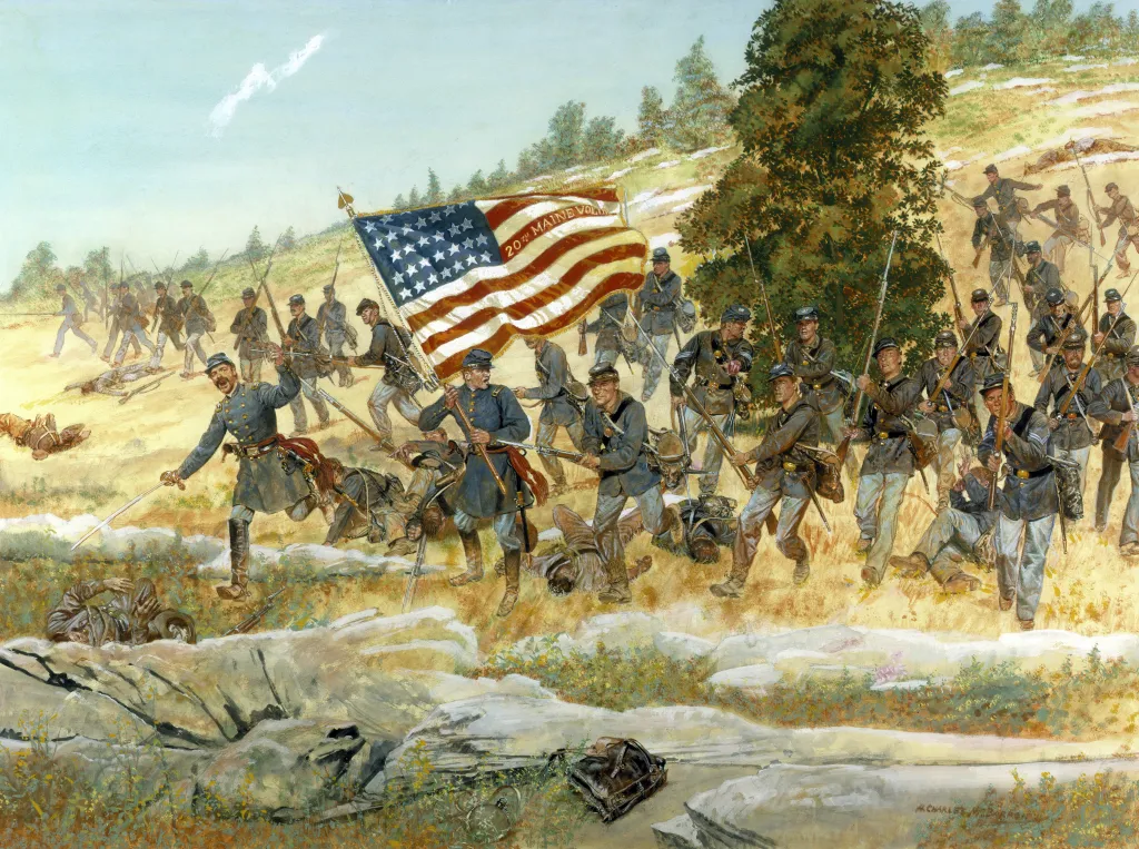 Illustration of the Twentieth Maine Regiment of the Union army charging with their flag at the Battle of Gettysburg.