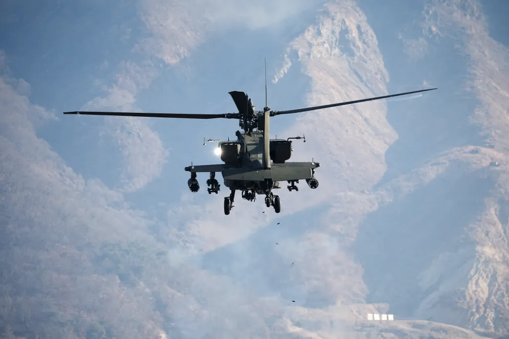 A U.S. Army AH-64 Apache helicopter fires during a combined live fire drill between South Korea and the U.S. Army.