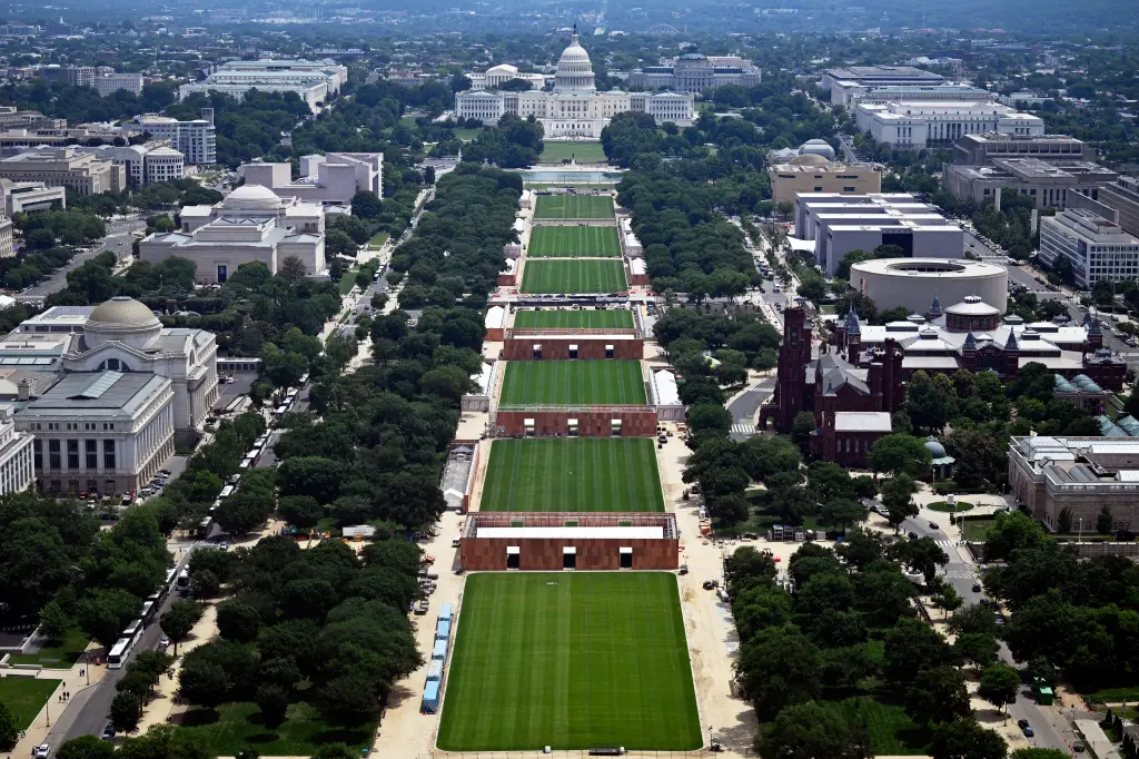 Aerial view of the U.S. Capitol and National Mall in Washington during set up for America 250 celebration.