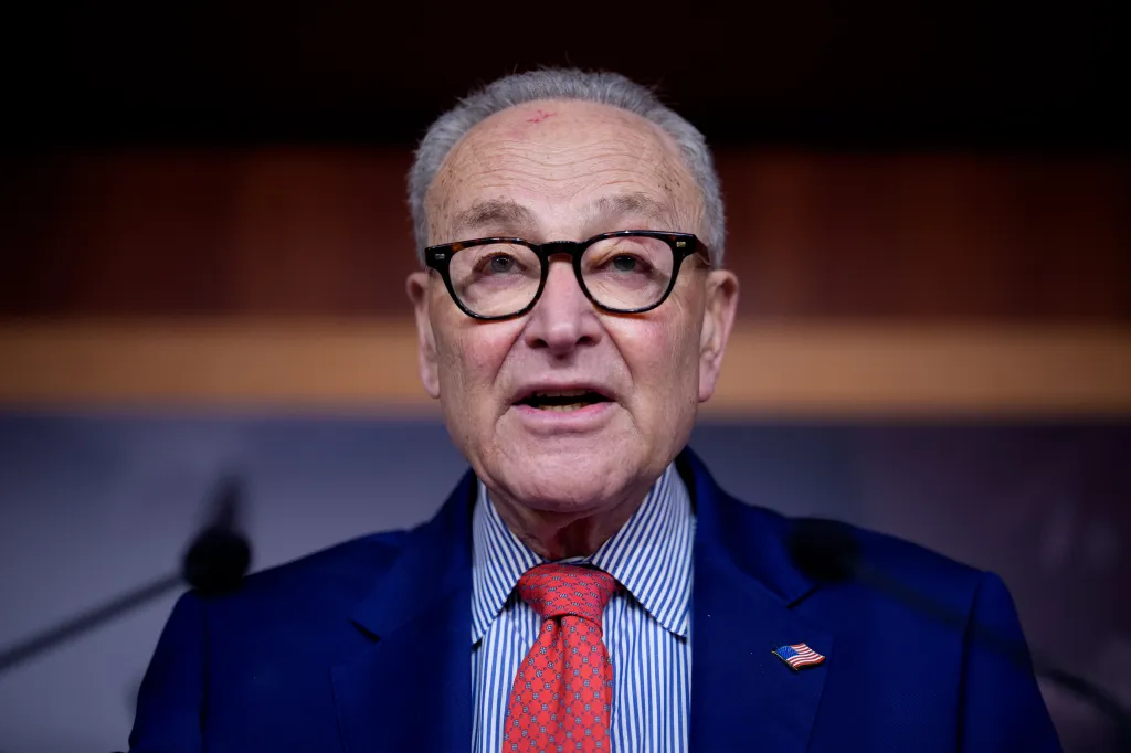 Senate Minority Leader Chuck Schumer speaking at a press conference.