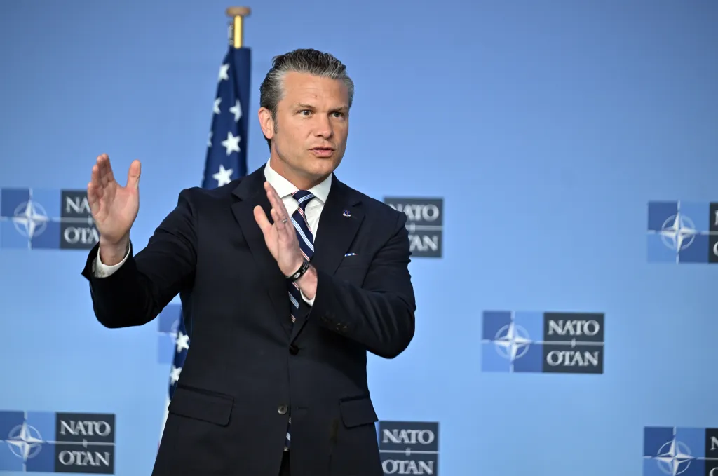 US War Secretary Pete Hegseth speaks during a joint conference with NATO Secretary General Mark Rutte in Brussels, Belgium, on June 18, 2026.