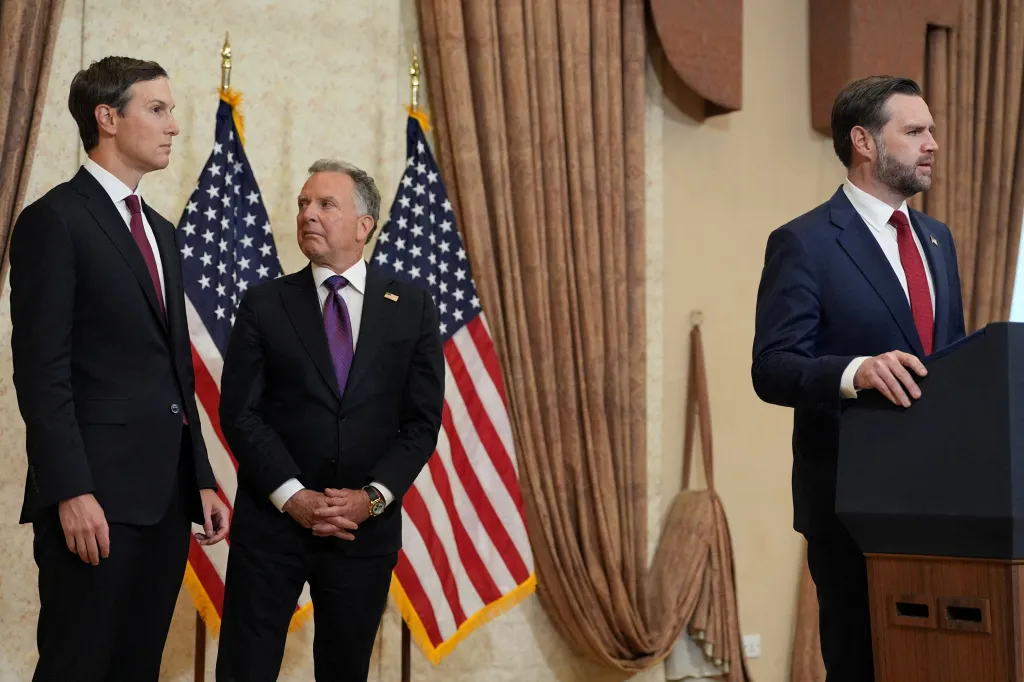 Jared Kushner and Steve Witkoff stand behind Vice President JD Vance during a news conference in Islamabad, Pakistan, on April 12, 2026.
