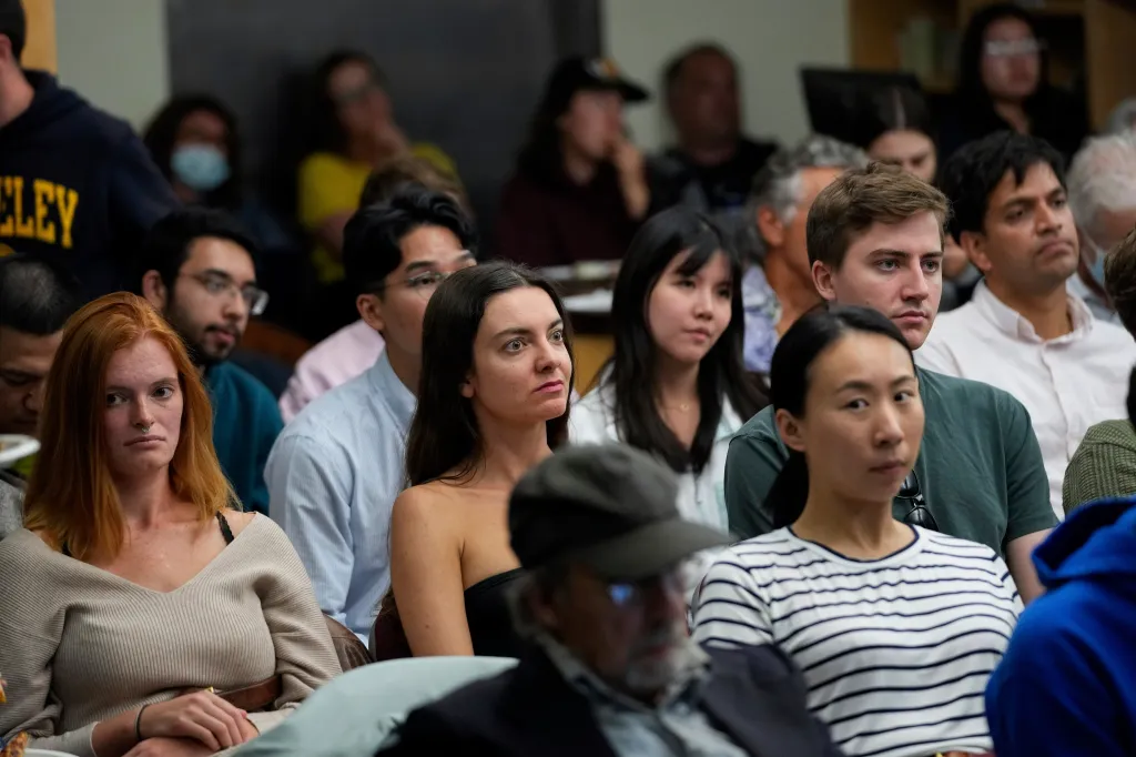 UC Berkeley students watch the presidential debate in Berkeley, California.
