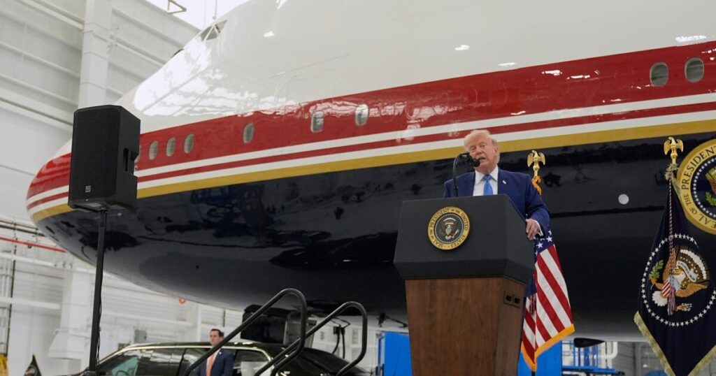 President Trump unveils the new Air Force One, a converted Qatari jet