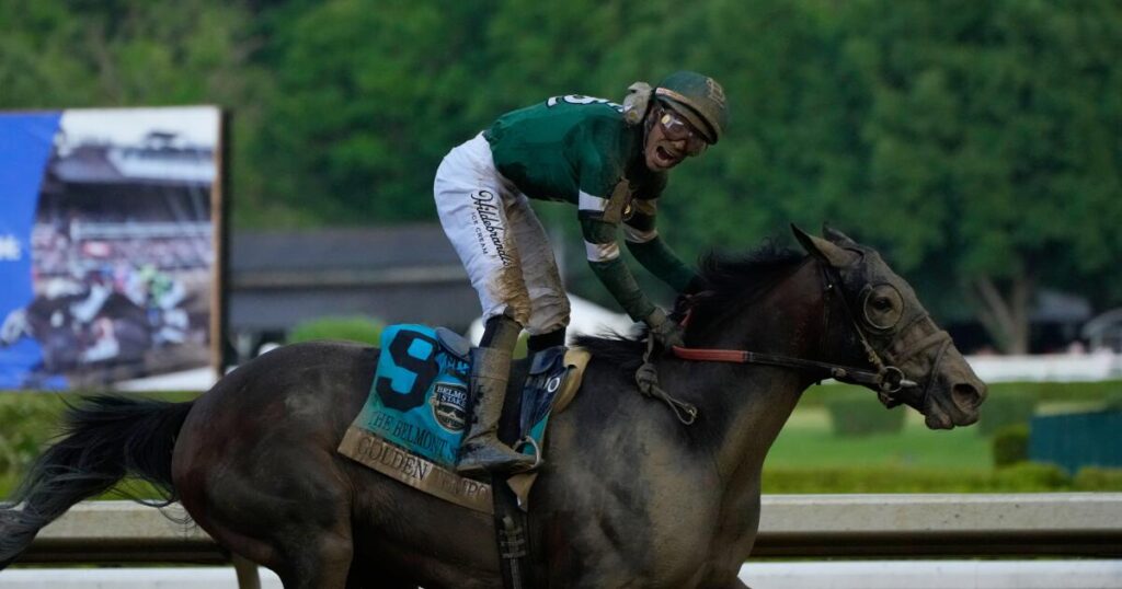Kentucky Derby winner Golden Tempo wins the 158th running of the Belmont Stakes