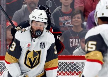 Vegas’ Brayden McNabb takes a puck to the face, forced to leave Game 2 of Stanley Cup Finals
