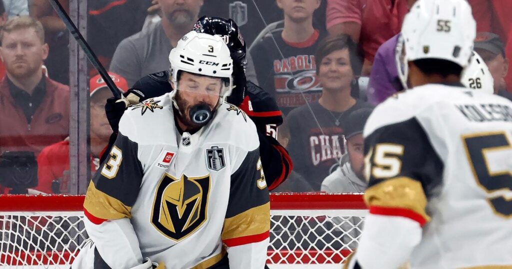 Vegas’ Brayden McNabb takes a puck to the face, forced to leave Game 2 of Stanley Cup Finals