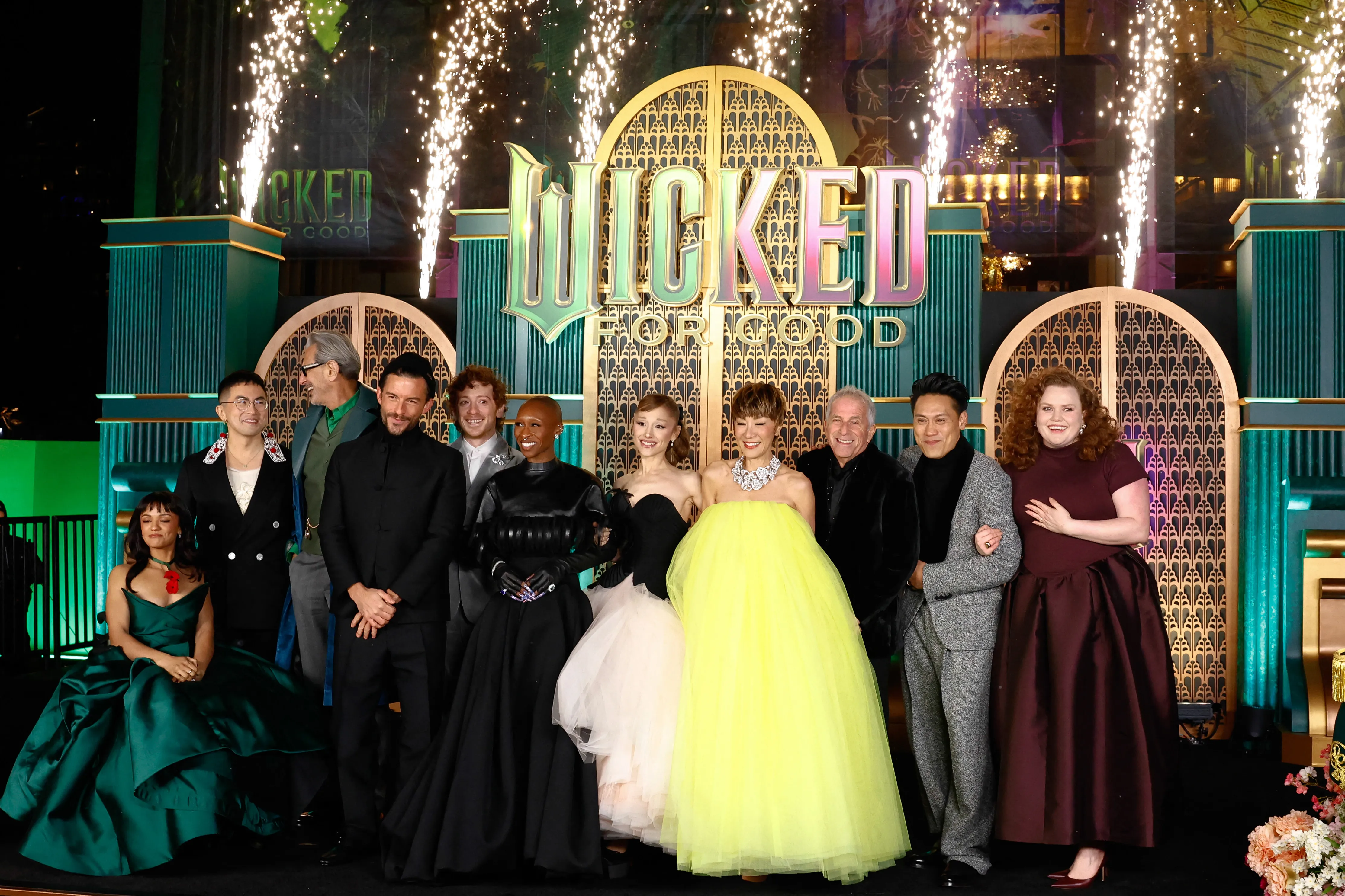 British actress Cynthia Erivo and US singer-songwriter Ariana Grande with other cast members at the premiere of 