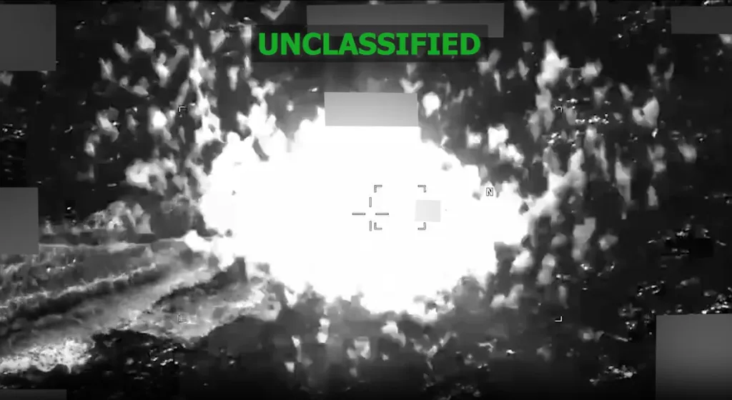 US kinetic strike on an alleged drug boat, viewed through thermal imaging.