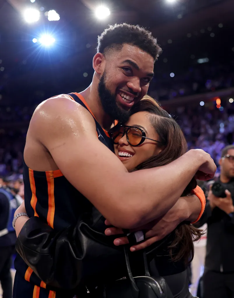Karl-Anthony Towns celebrating with Jordyn Woods after defeating the Boston Celtics in Game Four of the Eastern Conference Second Round NBA Playoffs.