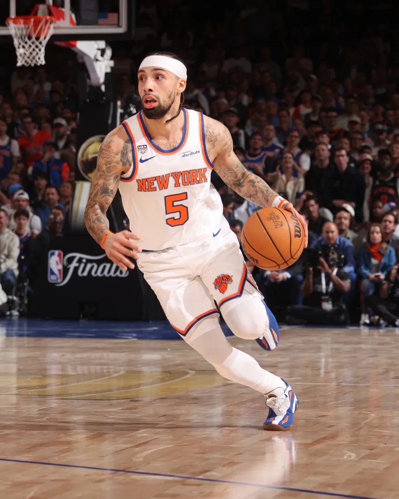 Jose Alvarado #5 of the New York Knicks dribbles the ball during the game against the San Antonio Spurs during Game Three