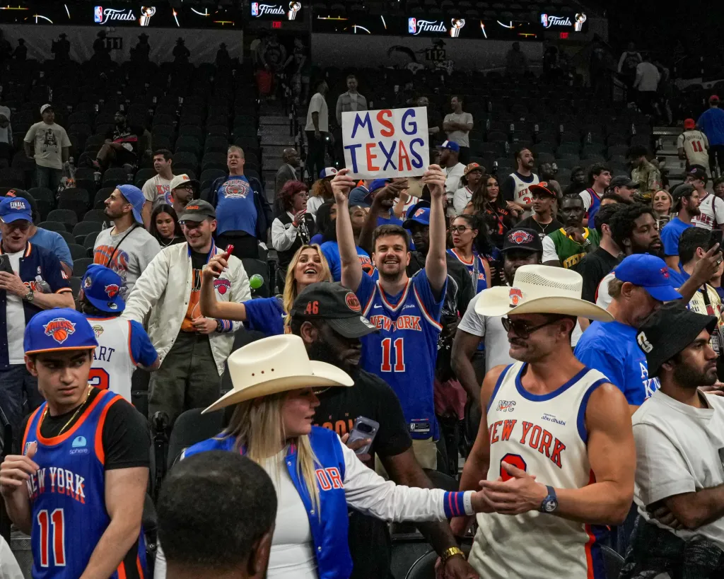 New York Knicks fans celebrate during the game against the San Antonio Spurs during Game Two of the 2026 NBA Finals on June 5, 2026 at Frost Bank Center
