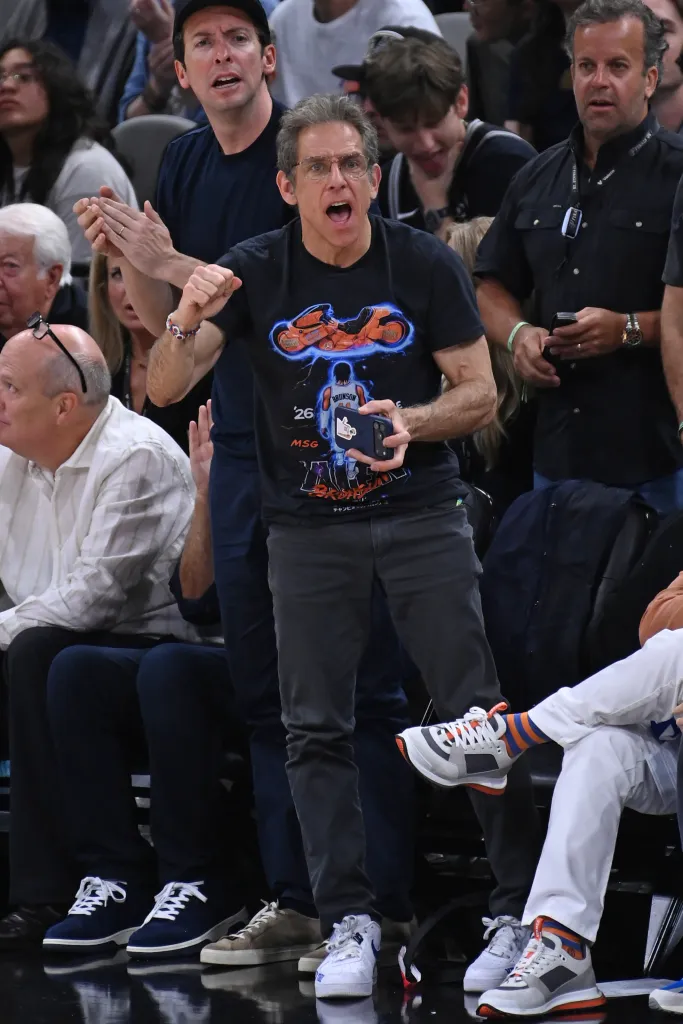 Ben Stiller celebrating during Game Five of the 2026 NBA Finals.