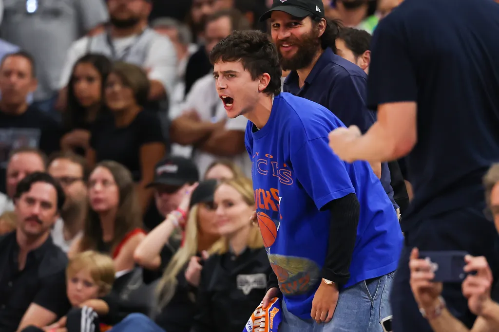 Timothée Chalamet reacting during the fourth quarter in Game Five of the 2026 NBA Finals.
