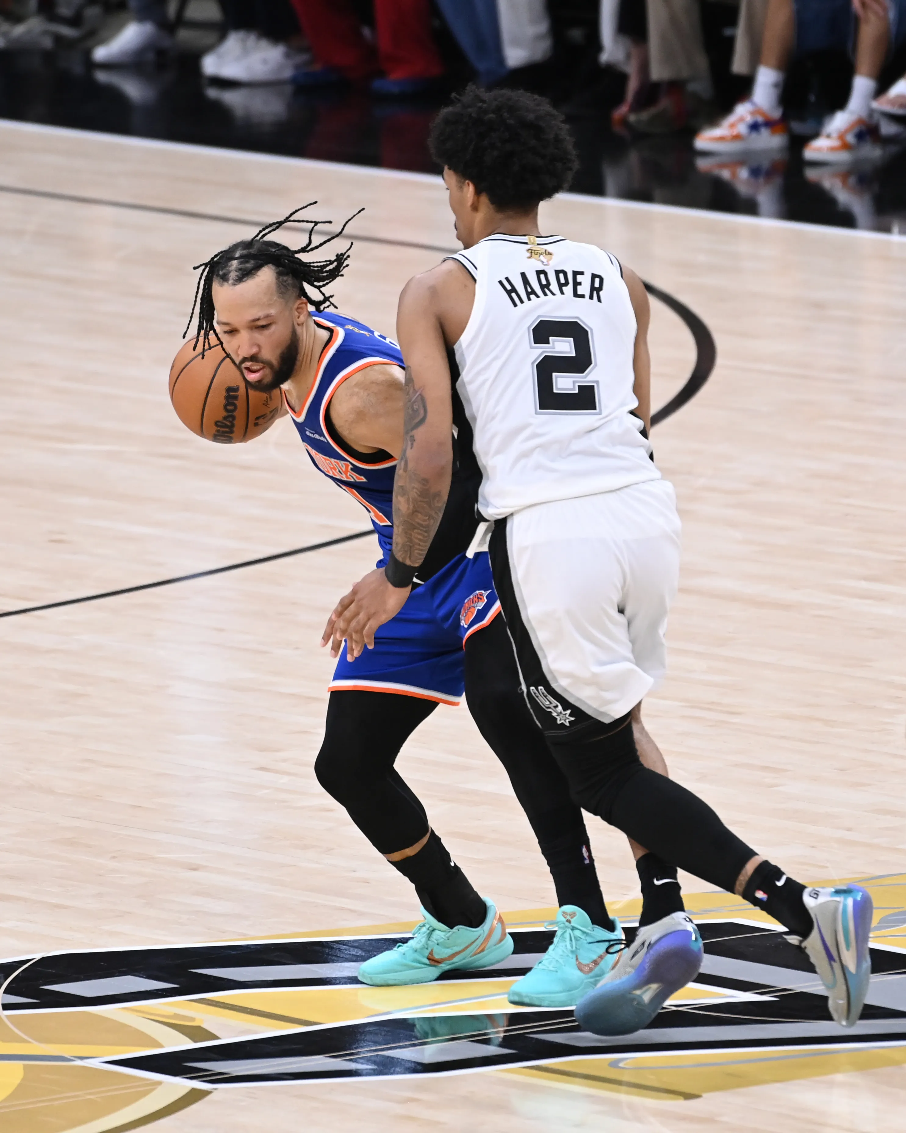  Jalen Brunson #11 of the New York Knicks handles the ball during the game against the San Antonio Spurs during Game Five of the 2026 NBA Finals on June 13, 2026 at Frost Bank Center in San Antonio, Texas. 